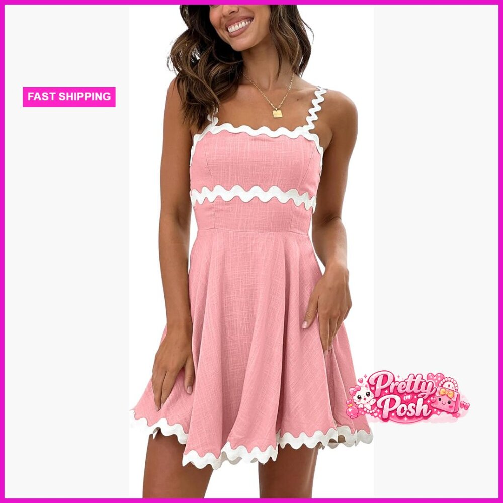 Summer Flowy Mini Dress Spaghetti Straps Smocked Backless Swing Wave Trim